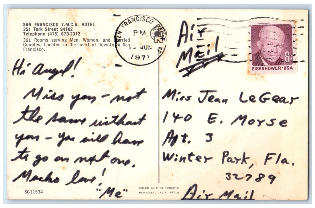 1971 San Francisco YMCA Hotel Restaurant Lobby Front Desk Turk St. CA Postcard