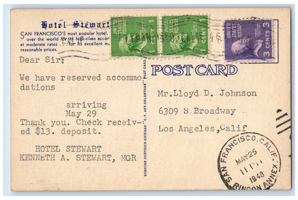 1948 Hotel Stewart Restaurant Classic Cars San Francisco CA Advertising Postcard