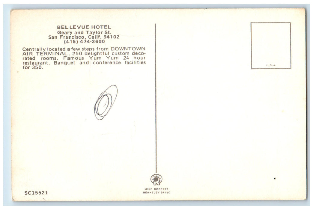c1950 San Francisco's Bellevue Hotel Restaurant Taylor San Francisco CA Postcard