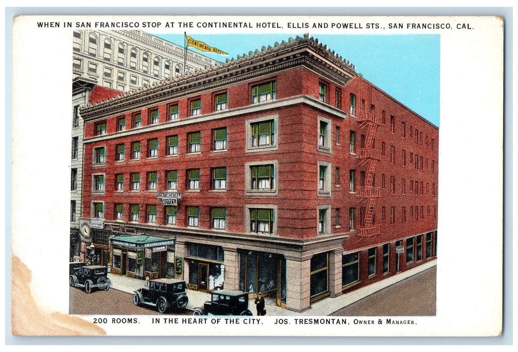 c1920 Continental Hotel Restaurant Classic Cars Powell San Francisco CA Postcard