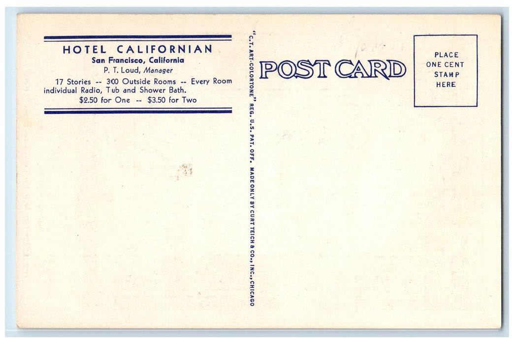 c1950 Hotel Californian Building Restaurant O'Farrell San Francisco CA Postcard