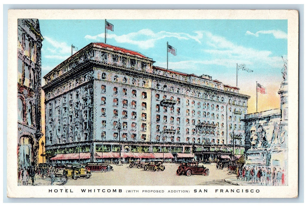 c1920's Hotel Whitcomb Restaurant Classic Cars Flags San Francisco CA Postcard