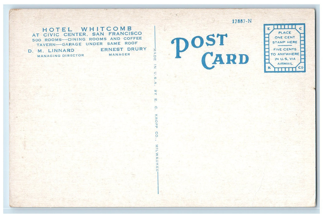 c1920's Hotel Whitcomb Restaurant Classic Cars Flags San Francisco CA Postcard