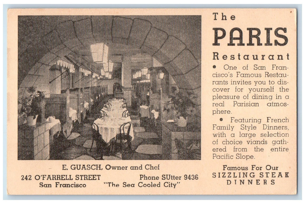 c1920's The Paris Restaurant Interior Dining O'Farrell San Francisco CA Postcard