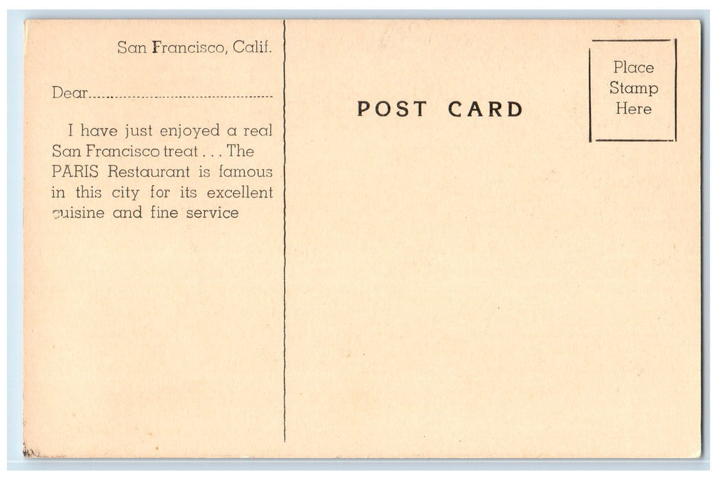 c1920's The Paris Restaurant Interior Dining O'Farrell San Francisco CA Postcard