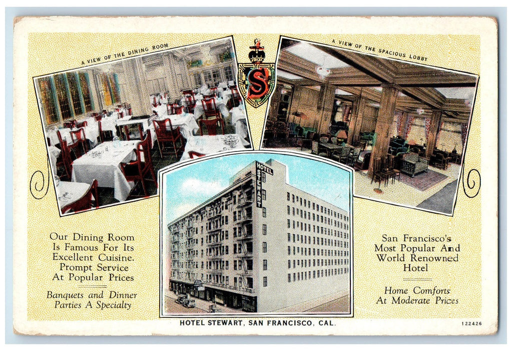 c1920's Hotel Stewart Restaurant Dining Lobby View San Francisco CA Postcard