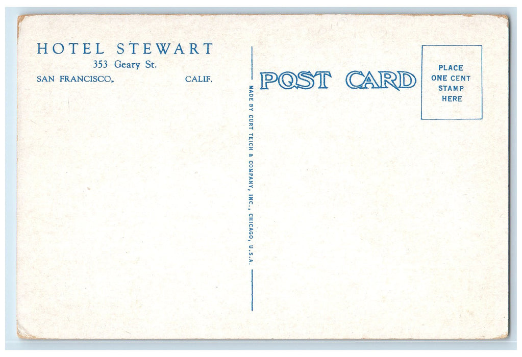 c1920's Hotel Stewart Restaurant Dining Lobby View San Francisco CA Postcard