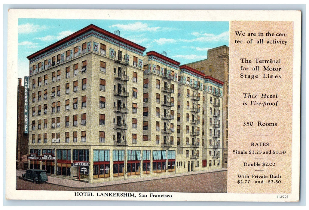 c1920 Hotel Lankershim Entrance Restaurant San Francisco CA Advertising Postcard