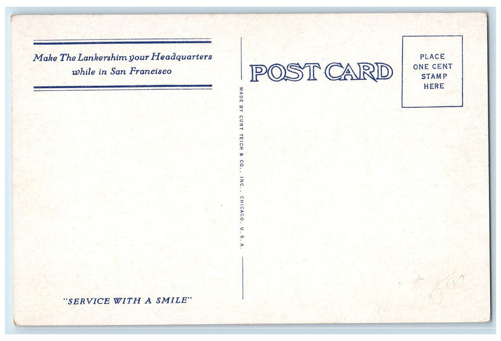 c1920 Hotel Lankershim Entrance Restaurant San Francisco CA Advertising Postcard