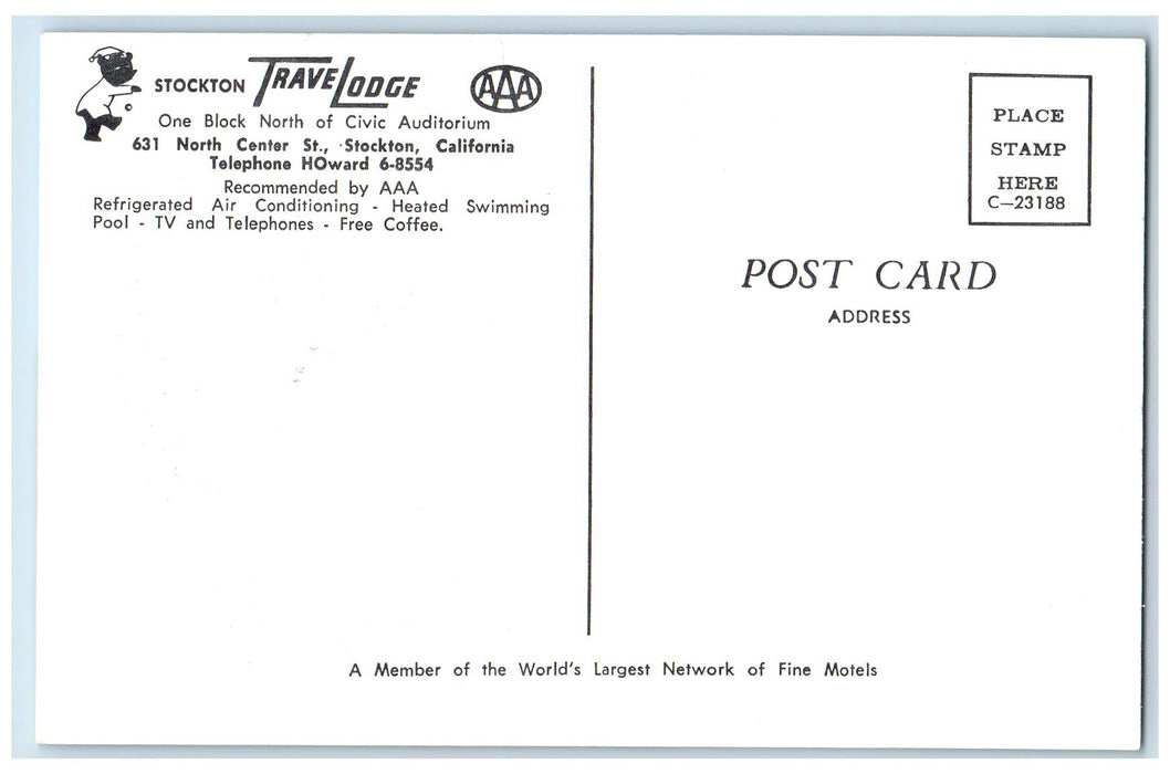 c1950 Stockton Travelodge View Restaurant Parking Lot San Francisco CA Postcard