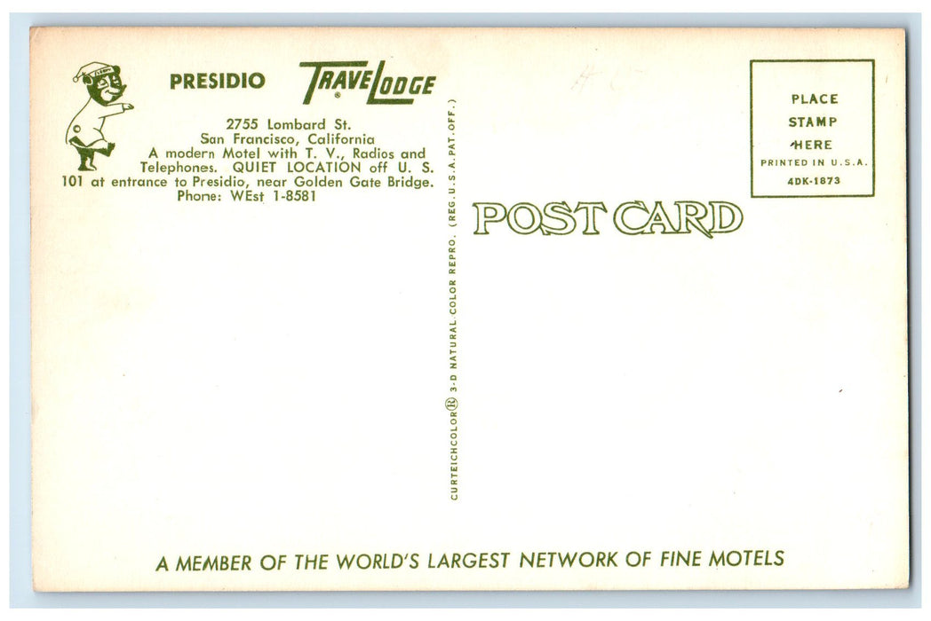 c1950 Presidio Travelodge View Classic Cars Restaurant San Francisco CA Postcard