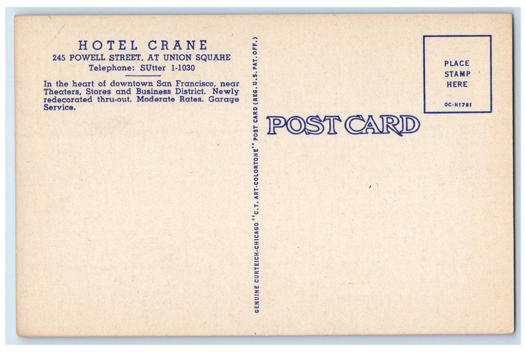 c1940's Hotel Crane Classic Cars Bus Restaurant Powell San Francisco CA Postcard