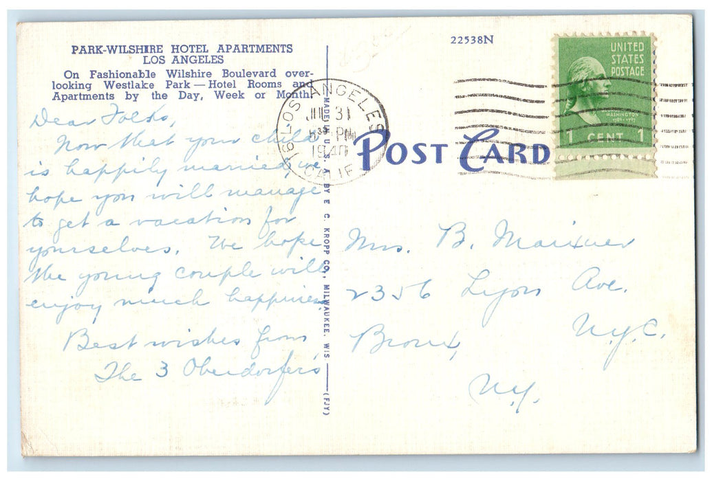 1940 Park Wilshire Hotel Apartments View Restaurant San Francisco CA Postcard