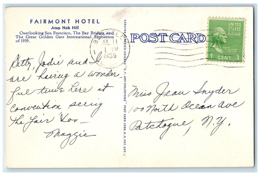 1939 Fairmont Hotel Classic Cars Restaurant Nob Hill San Francisco CA Postcard