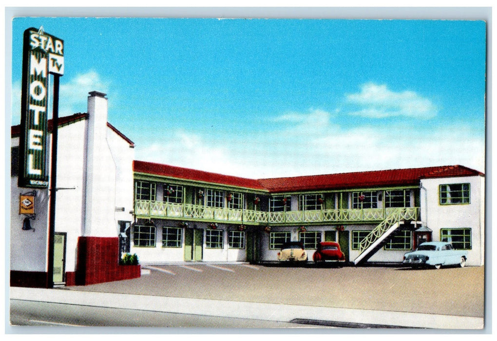 c1950 Star Motel Entrance View Classic Cars Restaurant San Francisco CA Postcard