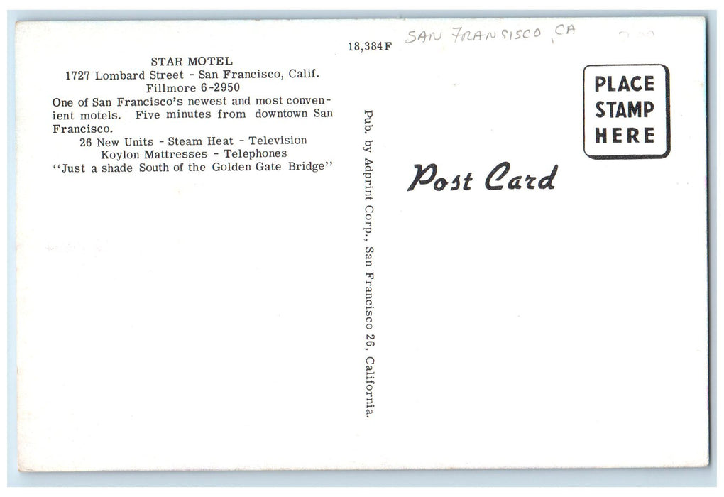 c1950 Star Motel Entrance View Classic Cars Restaurant San Francisco CA Postcard