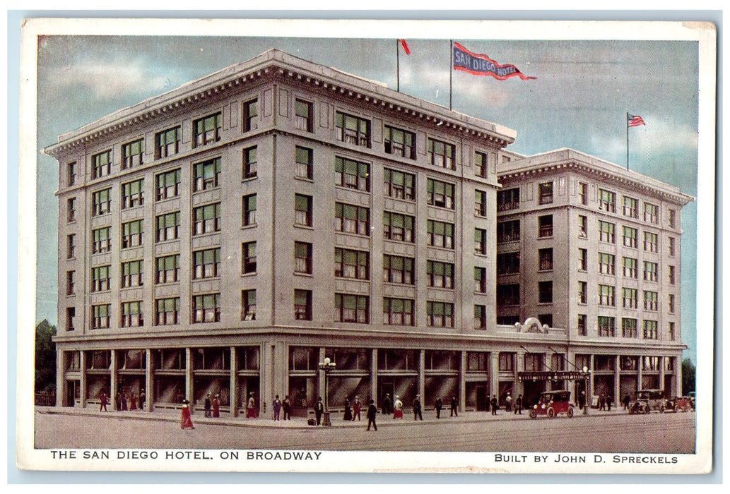 c1910 San Diego Hotel Broadway Restaurant Classic Cars San Francisco CA Postcard