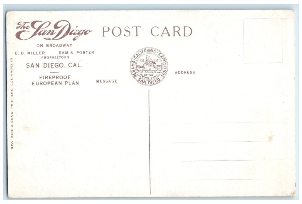c1910 San Diego Hotel Broadway Restaurant Classic Cars San Francisco CA Postcard