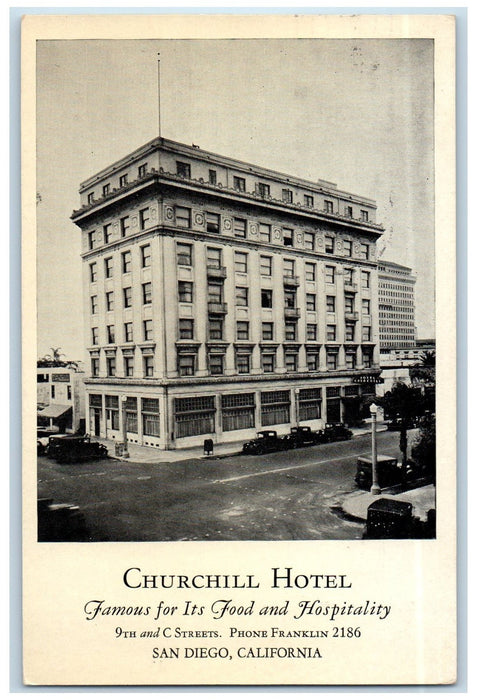 1935 Churchill Hotel Building View Restaurant Classic Cars San Diego CA Postcard