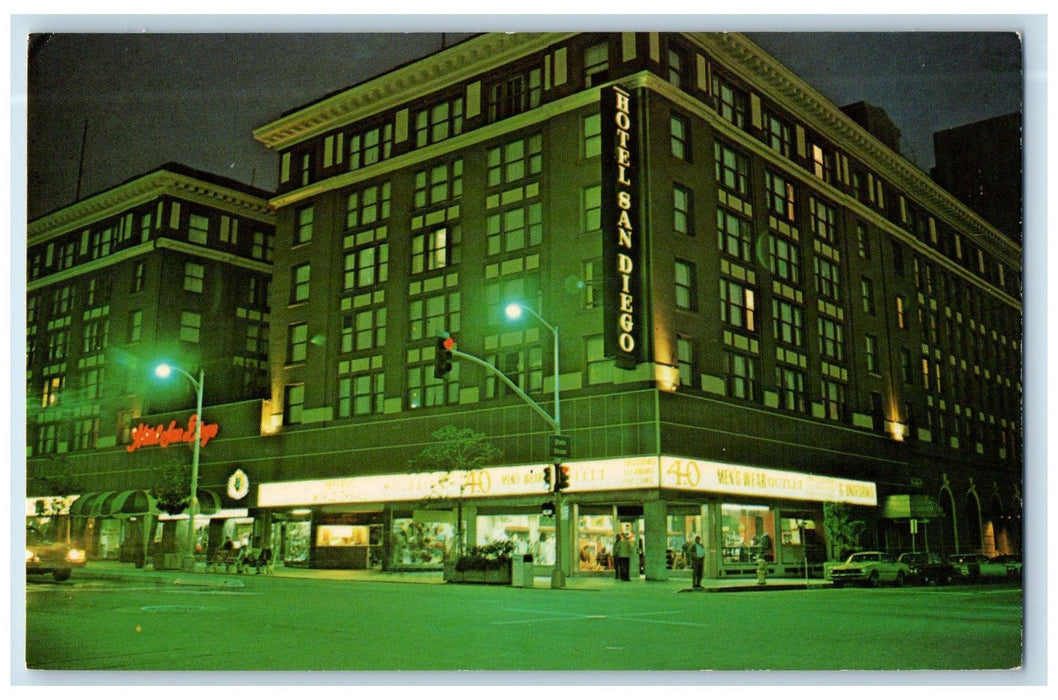 c1950's Hotel San Diego At Night Restaurant Street Light San Diego CA Postcard