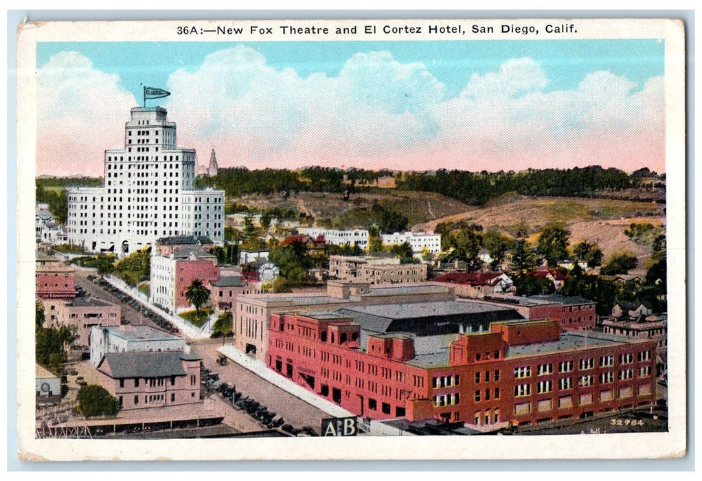 c1950's Fox Theater El Cortez Hotel Aerial View Restaurant San Diego CA Postcard