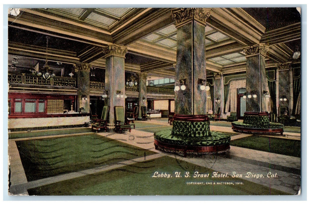 1912 Lobby US Grant Hotel Restaurant Interior Design Light San Diego CA Postcard