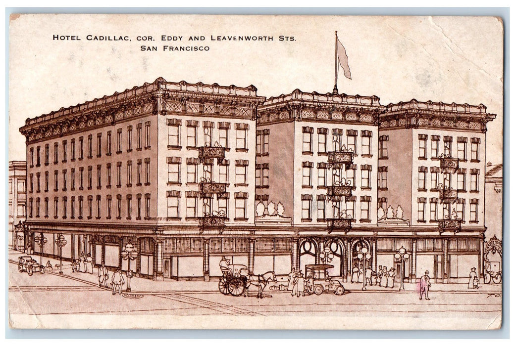 1908 Hotel Cadillac Entrance Restaurant Horse Carriage San Francisco CA Postcard