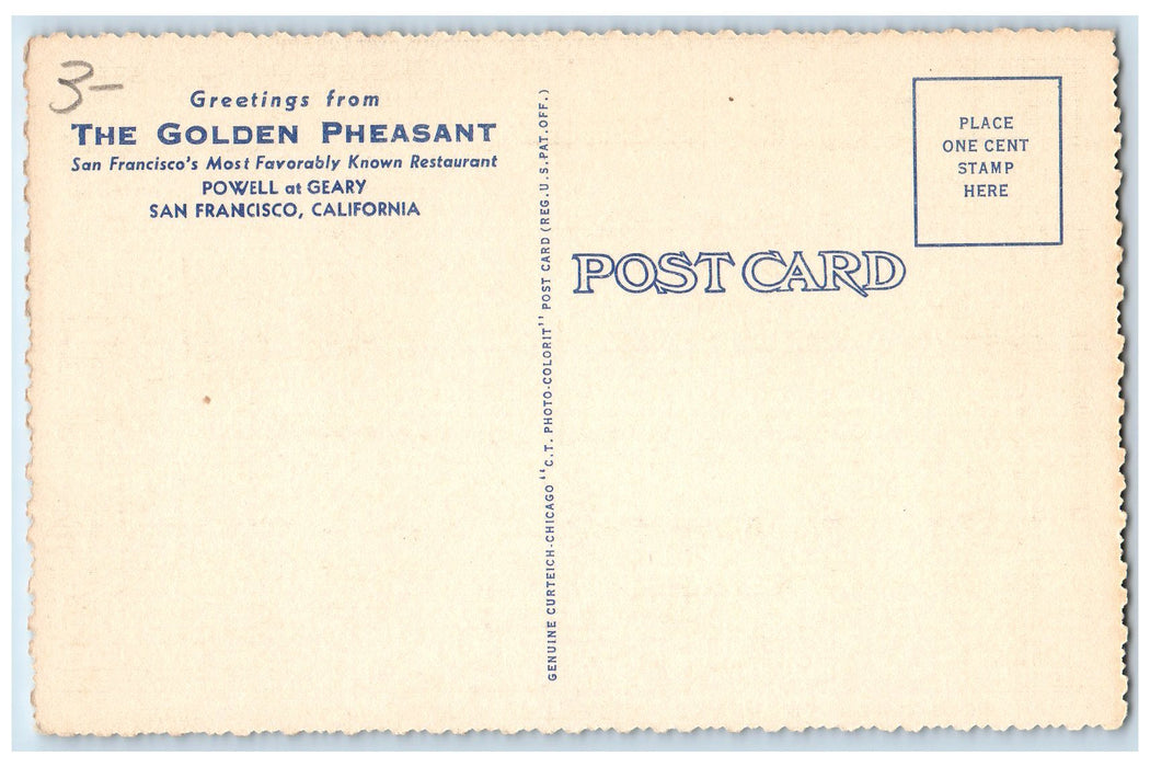 c1940's Greetings From Golden Pheasant Restaurant View San Francisco CA Postcard