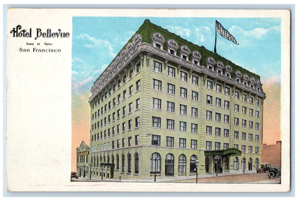 c1920 Hotel Bellevue Building Restaurant Classic Cars San Francisco CA Postcard