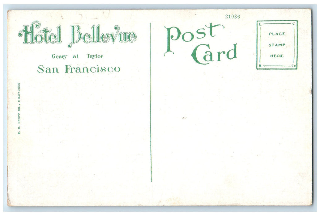 c1920 Hotel Bellevue Building Restaurant Classic Cars San Francisco CA Postcard