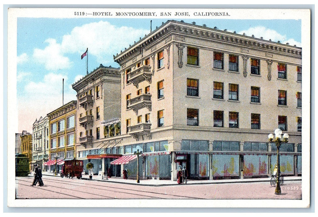 c1920 Hotel Montgomery Building Restaurant Railroad Trolley San Jose CA Postcard