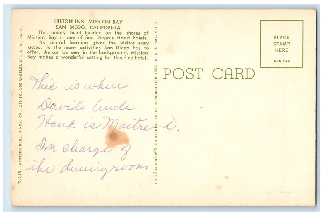 c1950 Hilton Inn View Restaurant Pool Boat Car Mission Bay San Diego CA Postcard