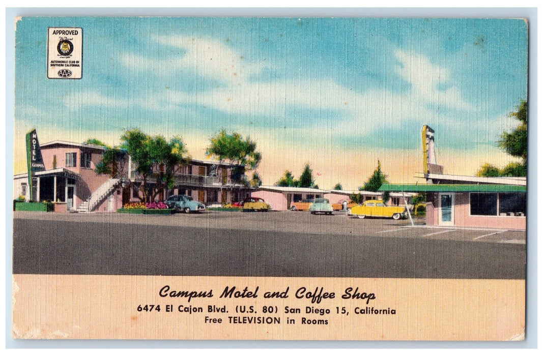 c1950 Campus Motel Coffee Shop Entrance Restaurant Cars San Diego 15 CA Postcard