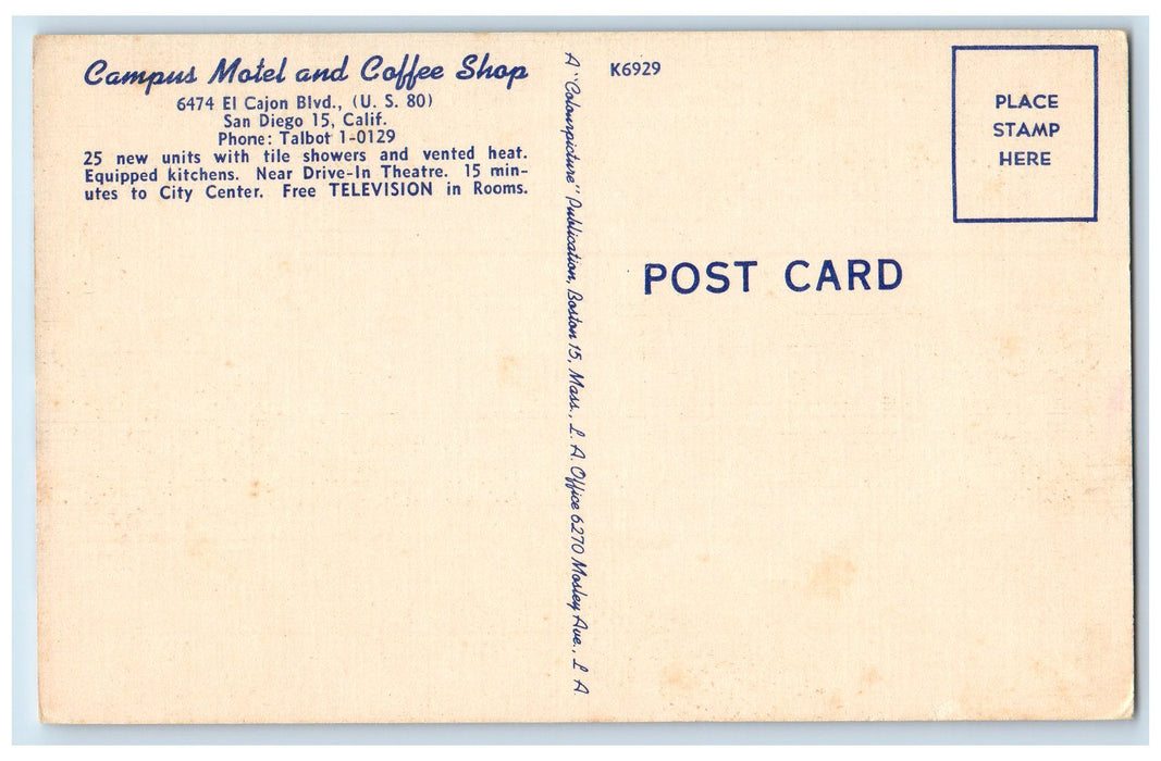 c1950 Campus Motel Coffee Shop Entrance Restaurant Cars San Diego 15 CA Postcard