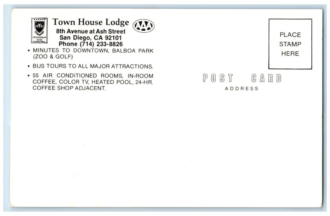 c1950 Town House Lodge Restaurant Entrance Pool Ash Street San Diego CA Postcard
