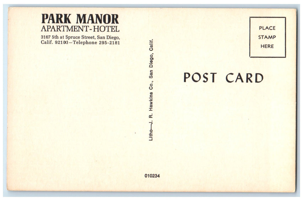 c1950's Park Manor Apartment Hotel Restaurant Classic Cars San Diego CA Postcard
