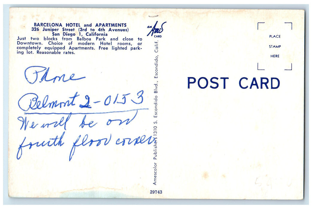 c1950 Barcelona Motel Apartments Restaurant Classic Cars San Diego 1 CA Postcard