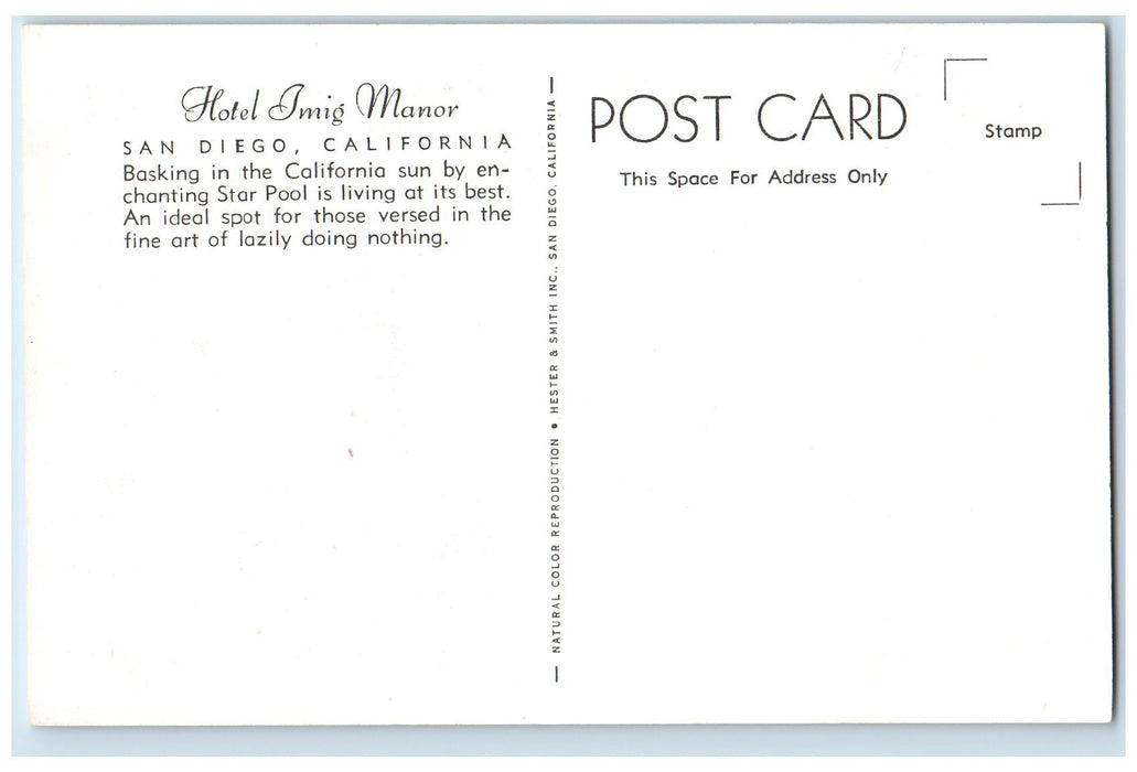 c1950's Hotel Imig Manor Swimming Pool Restaurant Tourist San Diego CA Postcard