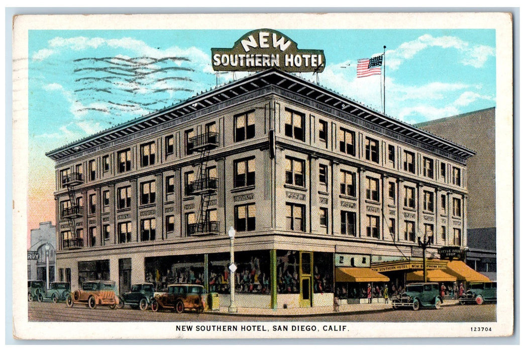 1932 New Southern Hotel View Classic Cars Restaurant Flag San Diego CA Postcard
