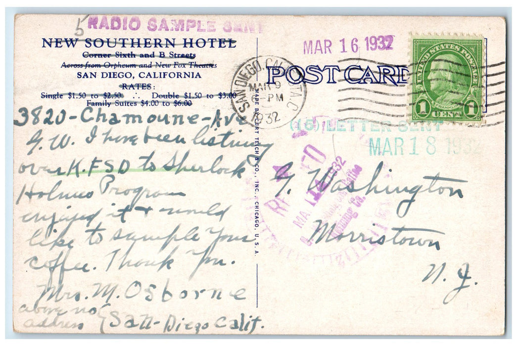 1932 New Southern Hotel View Classic Cars Restaurant Flag San Diego CA Postcard