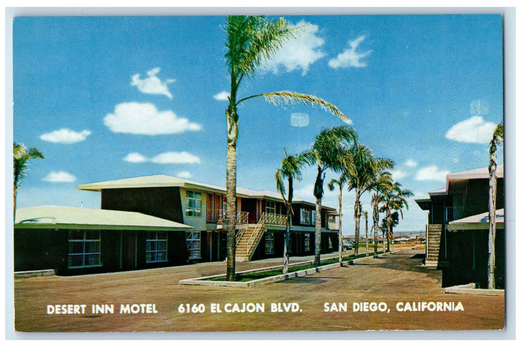 c1950 Desert Inn Motel Restaurant Dirt Road Cottages Trees San Diego CA Postcard