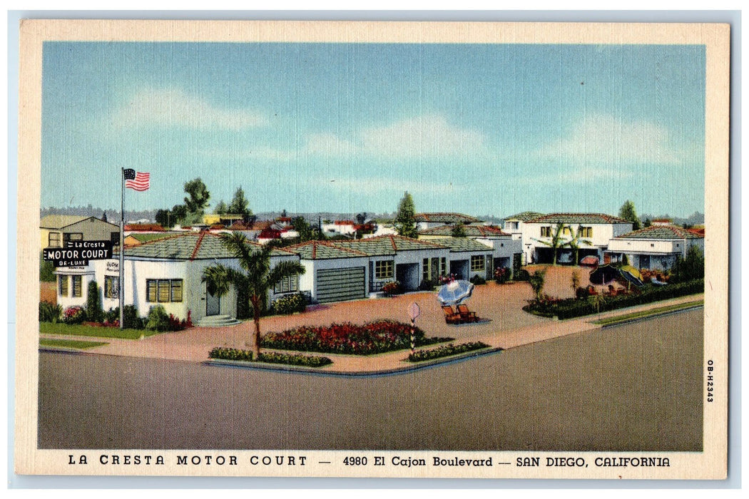 c1950 La Cresta Motor Court Restaurant Lawn Umbrella Flag San Diego CA Postcard