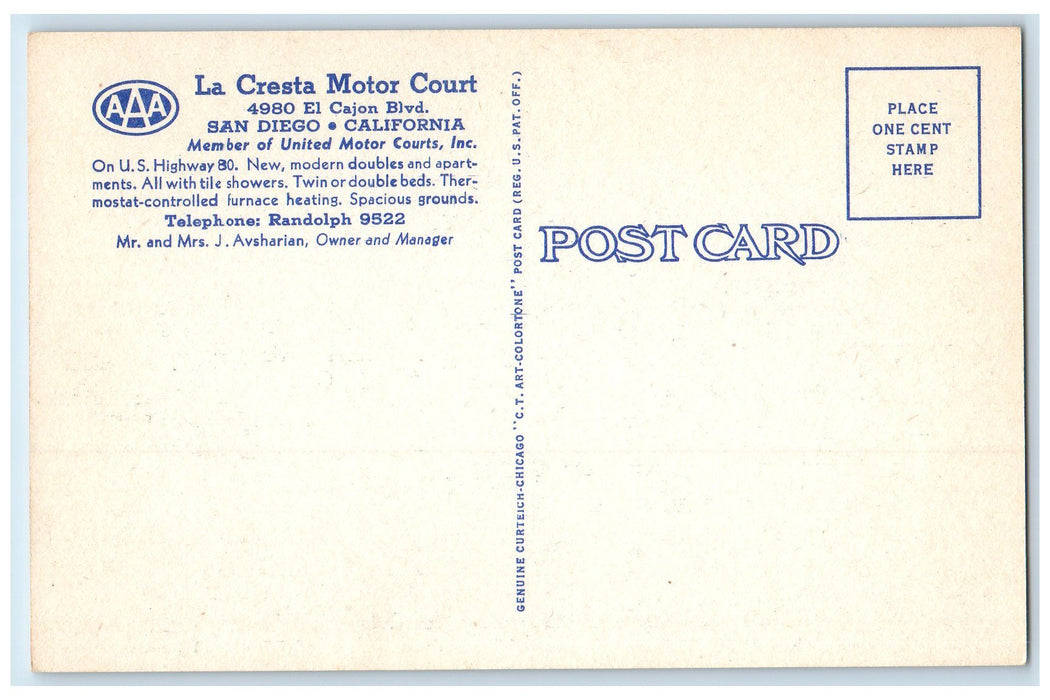 c1950 La Cresta Motor Court Restaurant Lawn Umbrella Flag San Diego CA Postcard