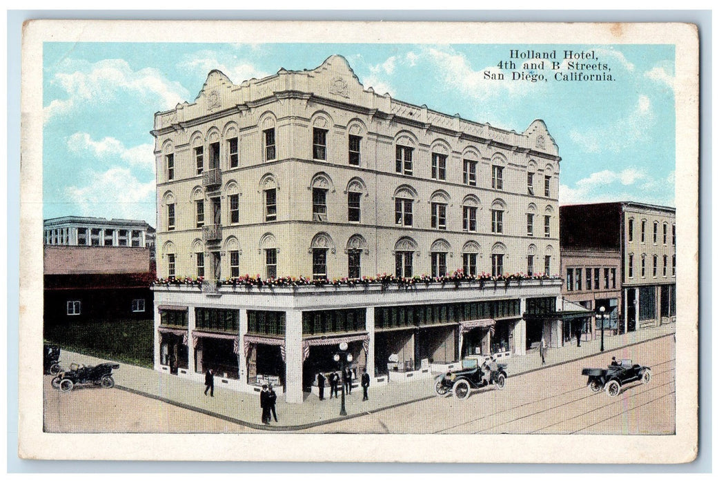 c1920 Holland Hotel Building View Classic Cars Restaurant San Diego CA Postcard