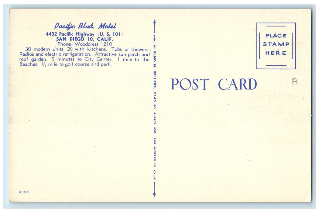 c1950's Pacific Boulevard Motel Road Side Restaurant San Diego 10 CA Postcard