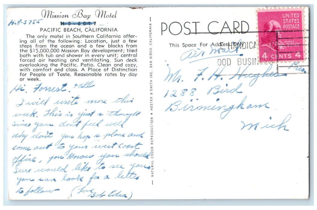 c1950 Mission Bay Motel Entrance View Restaurant Car Park San Diego CA Postcard