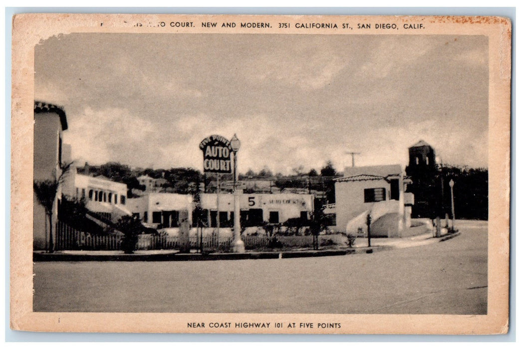 c1920's Five Points Auto Court Entrance View Restaurant San Diego CA Postcard