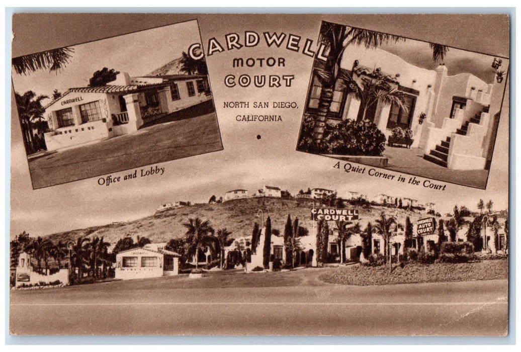c1950 Cardwell Motor Court Multiple View Restaurant North San Diego CA Postcard