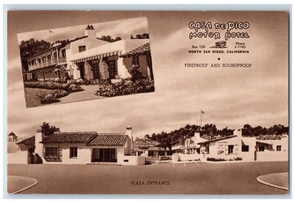 c1950's Casa De Pico Motor Hotel Restaurant Entrance North San Diego CA Postcard