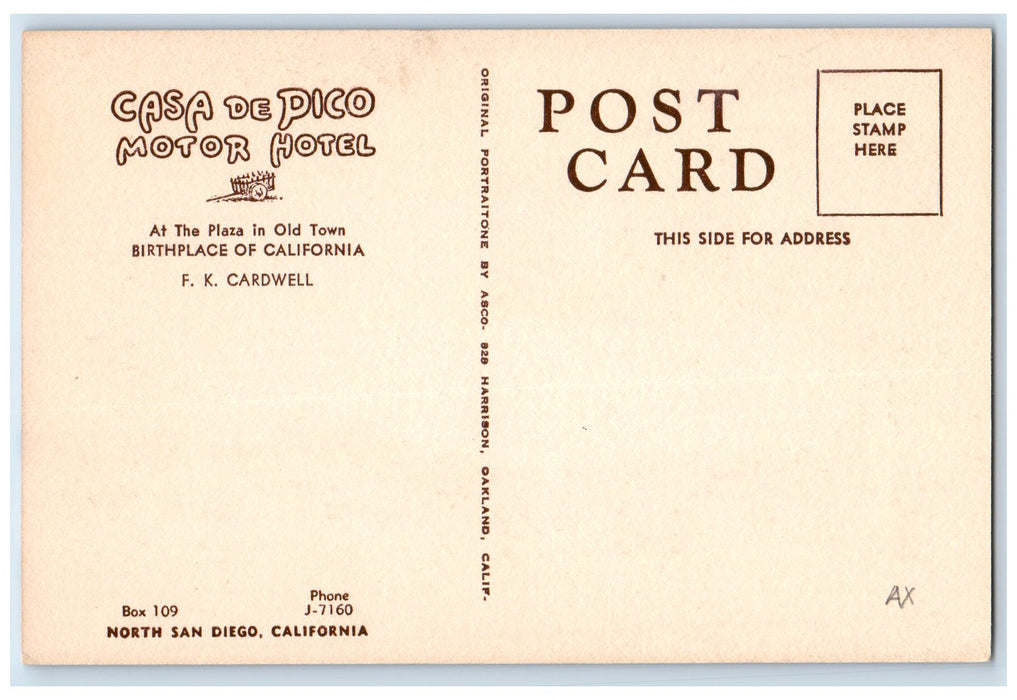 c1950's Casa De Pico Motor Hotel Restaurant Entrance North San Diego CA Postcard